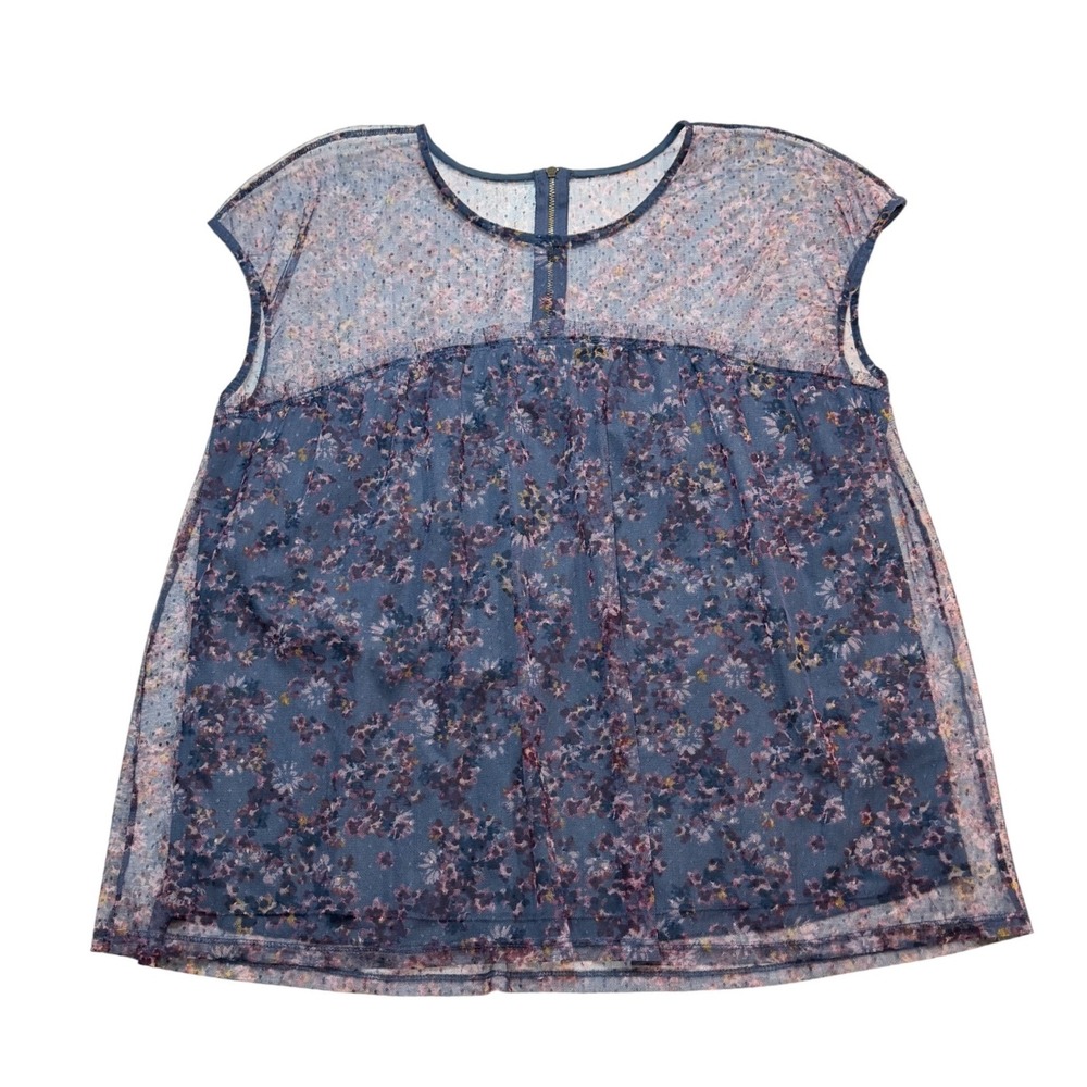 Floral Mesh Cap Sleeve Babydoll Blouse Blue Purple Sheer Overlay Top - Picture 4 of 10